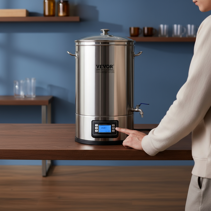 VEVOR Electric Brewing System, 8 GALLON Brewing Stock Pot, All-in-One Home Beer Brewer, 304 Stainless Steel Brewing Supplies with Panel, Includes Glass Lid, Handle, Spigot, Electronic Panel Control