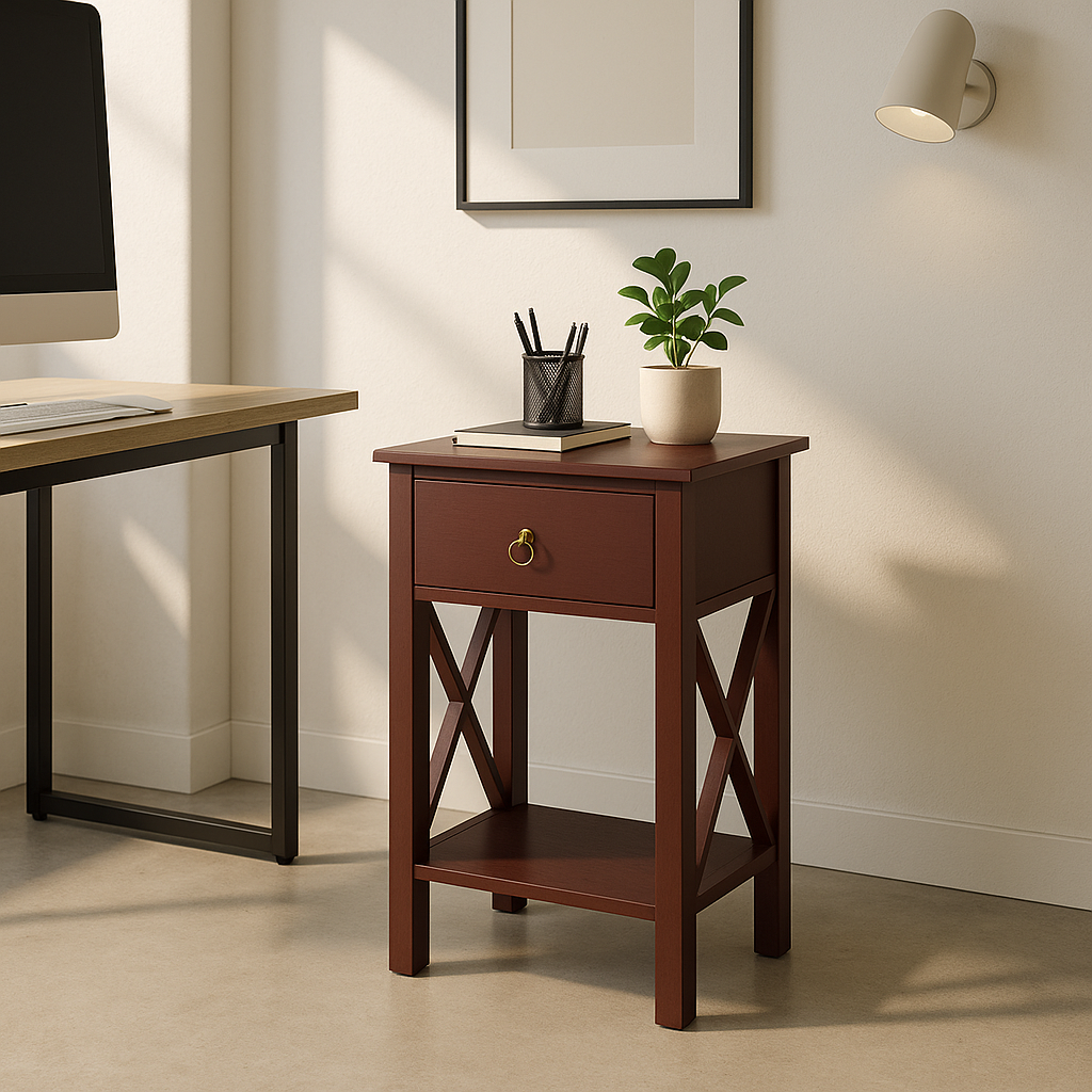 Side Intersection Style Bedside Table Coffee Table with Two-layer Drawer Brown