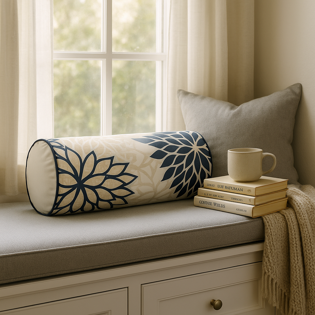 Modern and sophisticated  6" x 20" Beige Blue and Ivory Bolster Floral Indoor Outdoor Throw Pillow