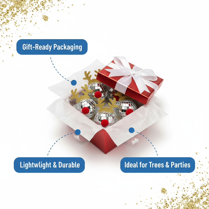 5-Piece Christmas Silver Disco Mirror Ball Set with Rope & Reflective Elk Horns Design for Dance Music Festivals Decor | Trufairs