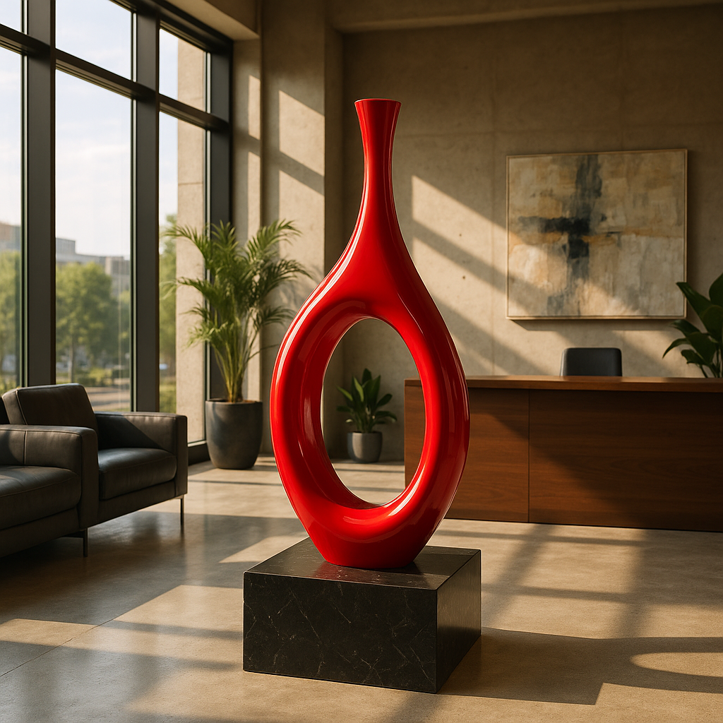 Premium Trombone Vase Large in Red - Contemporary Resin Floor Sculpture with Glossy Finish