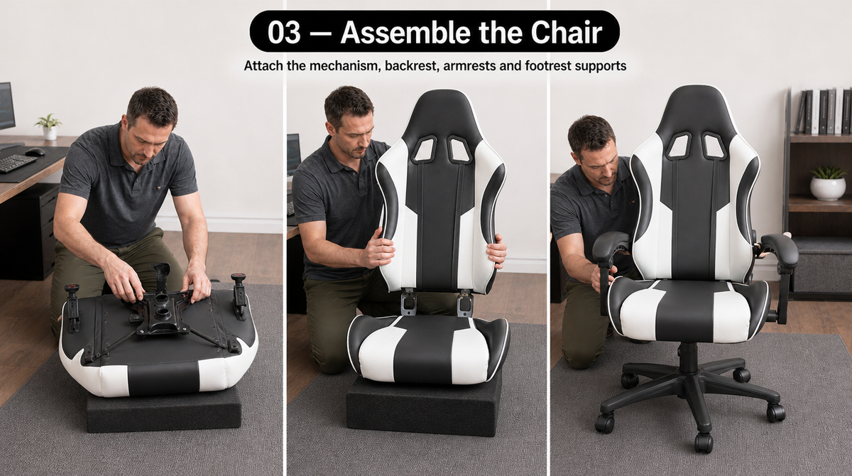 Reclining Gaming Chair with Footrest, Lumbar Support & 360° Swivel - assembly and setup image 3
