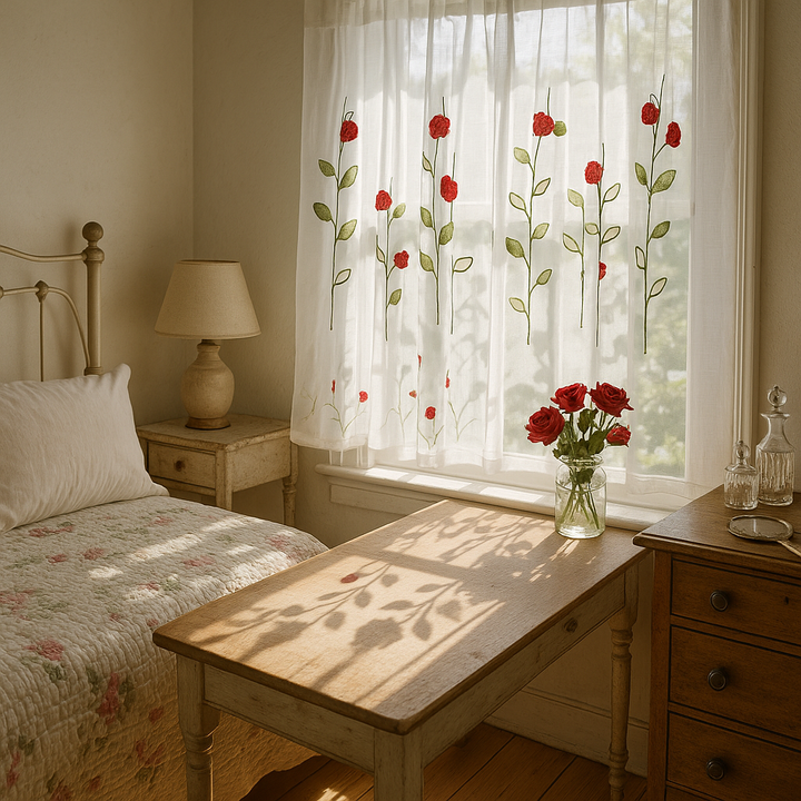 Elegant Semi-Sheer Ladybird Curtain - 59x30 Inch Lace Embroidered Half Panel with Floral Details for Cabinet Windows