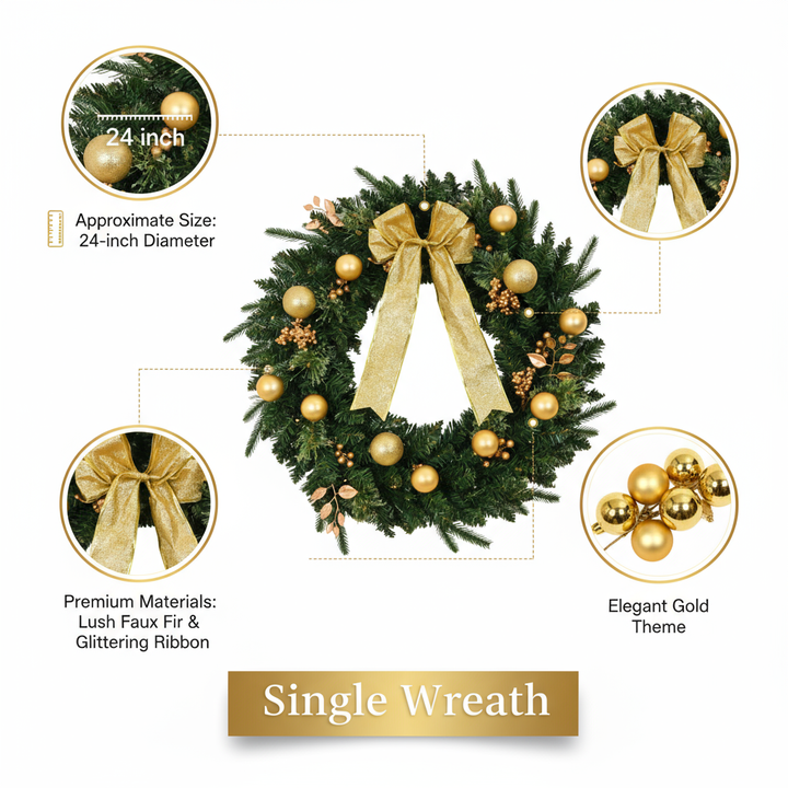 24in Pre-lit Battery Powered Christmas Wreath with Remote, Lighted Artificial Xmas Wreath with 50 Warm Lights and 120 PVC Tips and Ornaments, for Front Door Gate Wall Xmas Party Decorations S001