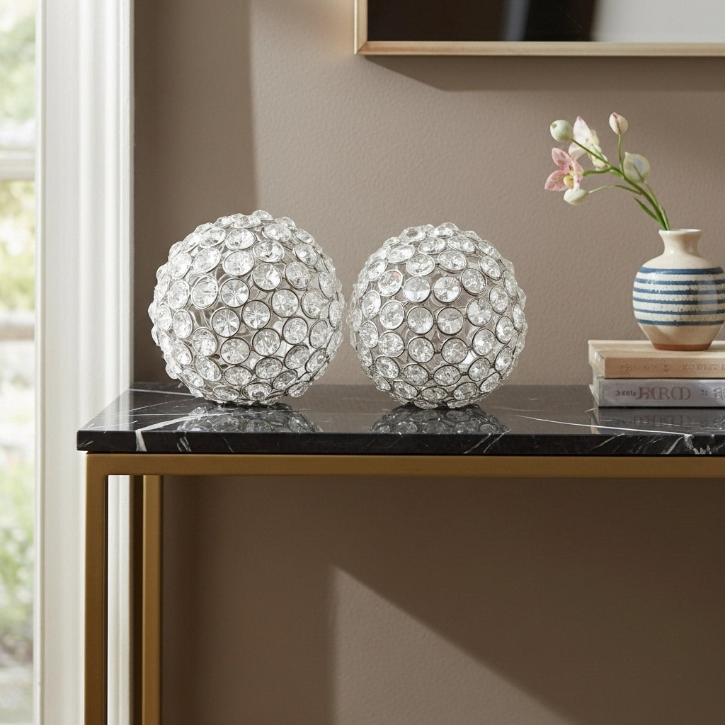 Set Of Two 5" Silver And Clear Faux Crystal Decorative Orb Sculptures