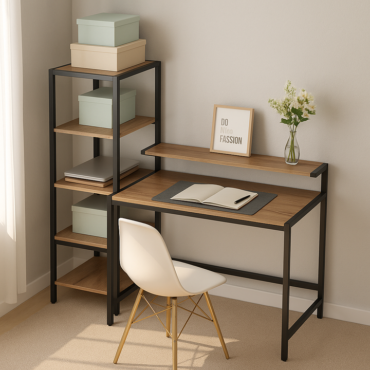 Industrial Pro 59" Computer Desk with Monitor Stand & Reversible 4-Tier Storage Shelf – Brown