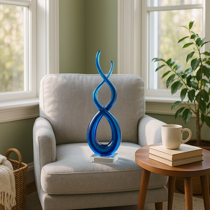 Premium 11" Clear and Blue Murano Glass Modern Abstract Tabletop Sculpture - Contemporary Artisan-Crafted Decorative Accent