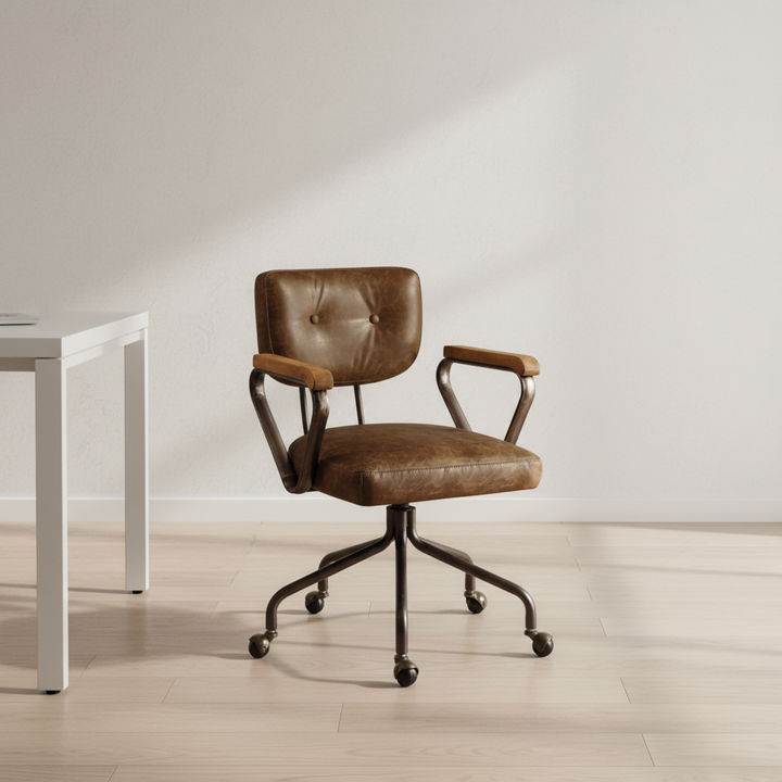 Brown and Black Swivel Faux Leather Rolling Office Chair