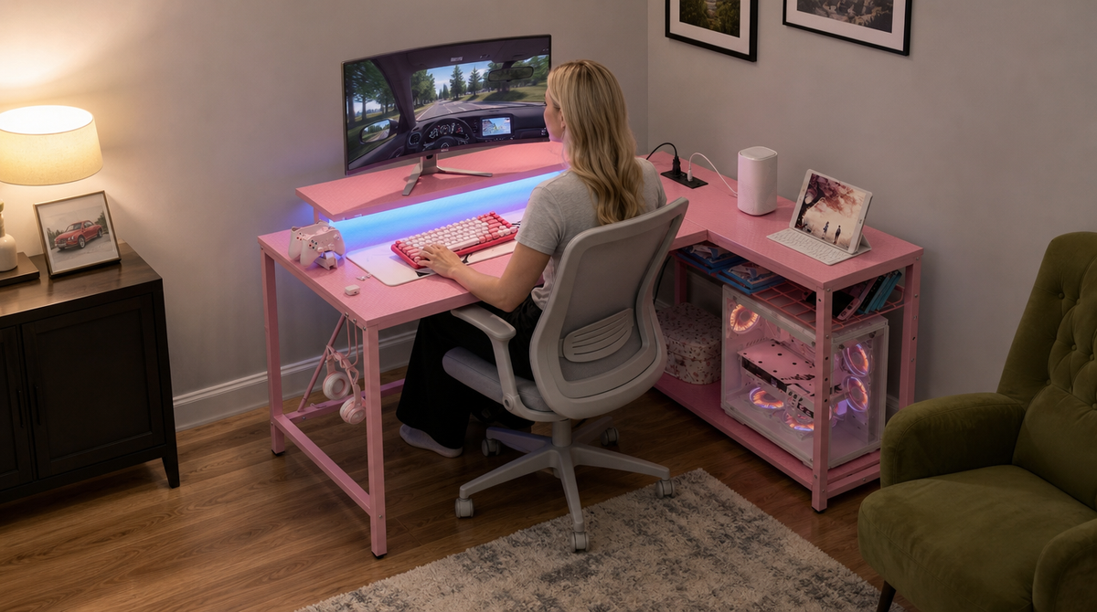 L-Shaped Gaming Desk with LED Lights & Power Outlets - image 3