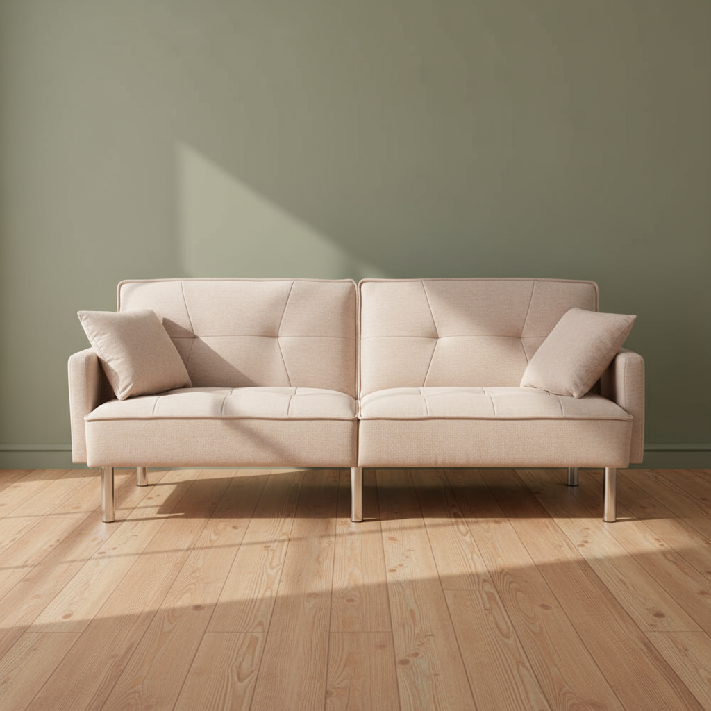 85" Beige Polyester Blend Convertible Futon Sleeper Sofa And Toss Pillows With Silver Legs