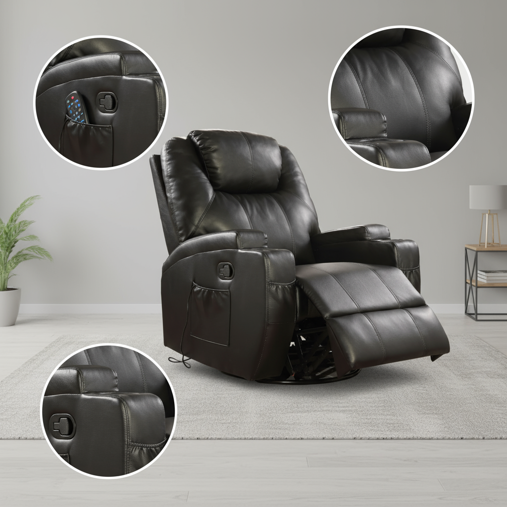 34" Brown Faux Leather Heated Massage Home Theater Recliner