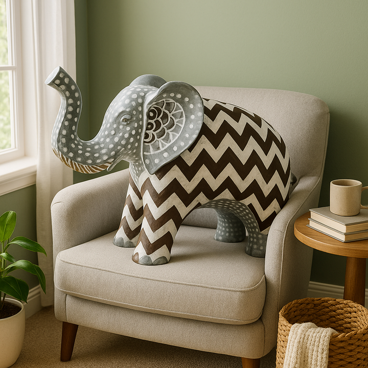 Premium 8" Brown Gray and White Resin Elephant Tabletop Sculpture - Handcrafted Bohemian Décor with Tribal Inspiration