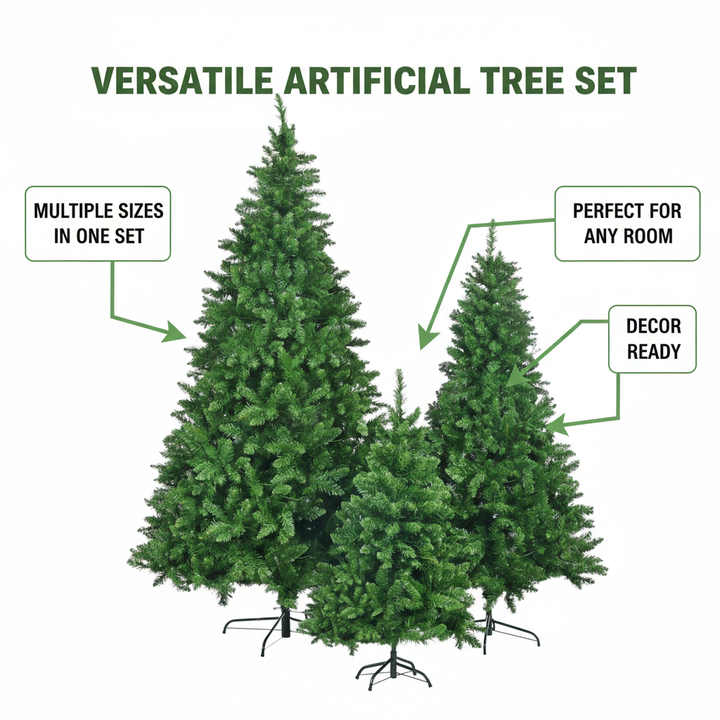 8FT, 6FT, 4FT Pre-Lit Green Pine Artificial Christmas Tree, Set of 3 Hinged Xmas Trees with 820 Warm-Yellow LED Lights and 2539 Branch Tips, Holiday Decoration for Home,Office and Party