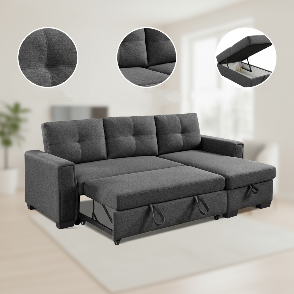 92" Dark Gray Polyester Blend Convertible Futon Sleeper Sofa With Black Legs