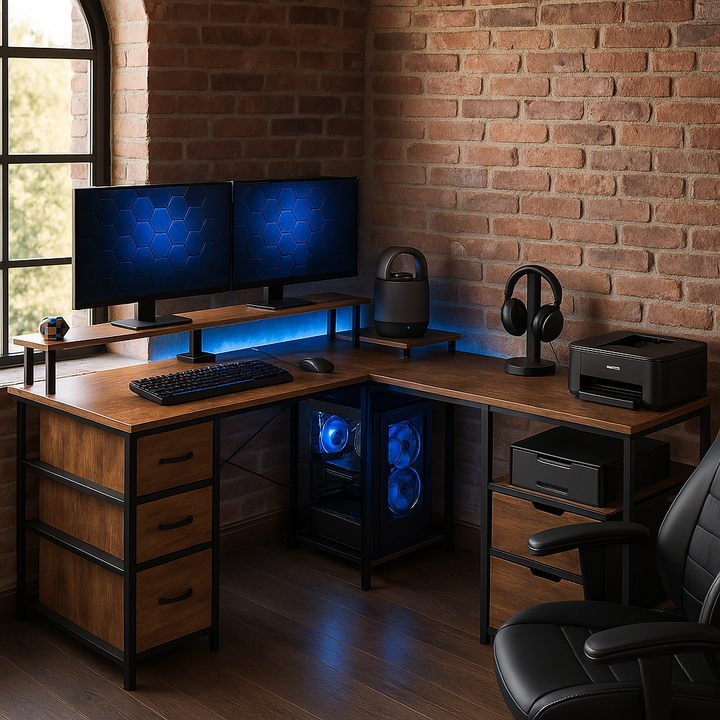 HOMCOM TechStation Pro 66" Reversible L-Shaped Computer Desk with Smart Power Hub & RGB LED Lighting – Rustic Brown