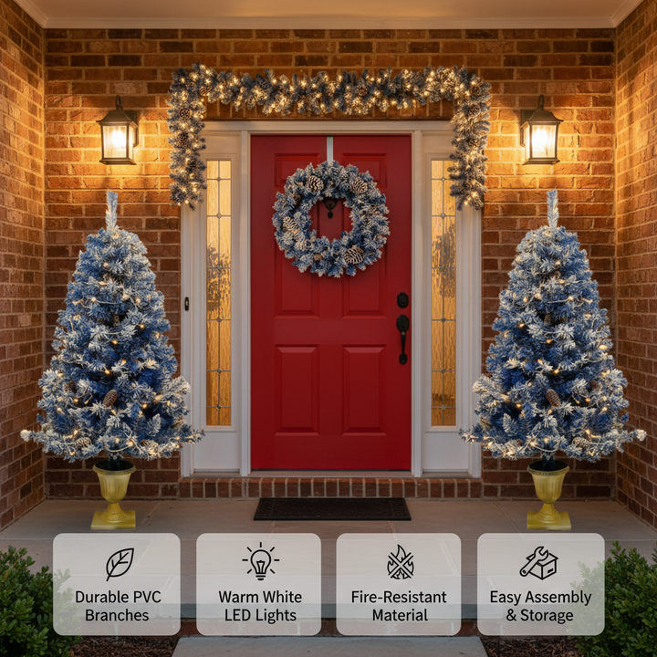 Pre-lit Xmas Tree Artificial Christmas 4-Piece Set,Garland, Wreath and Set of 2 Entrance Trees X-mas with LED Lights, Christmas Tree