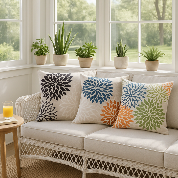 Premium 20" Black Gray and White Handmade Floral Indoor Outdoor Throw Pillow - Reversible Contemporary Design with Weather-Resistant Polyester