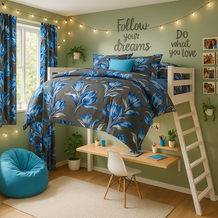 Luxurious 9-Piece Grey/Blue Jewel Flower Bamboo Microfiber Bedding Set - Complete Queen Bedroom Collection with Gift Bag