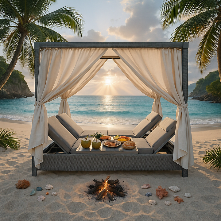 Dual Adjustable Patio Sunbed - Renava Marin Brown Rattan Daybed with Off-White Canopy, Beige Cushions & Weather-Resistant Construction