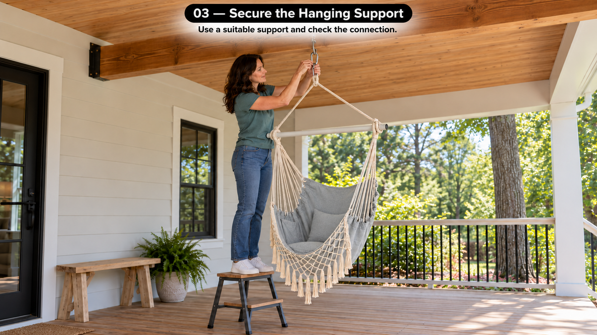 Boho Macrame Hammock Chair with Fringe, 2 Cushions & Side Pocket - assembly and setup image 3