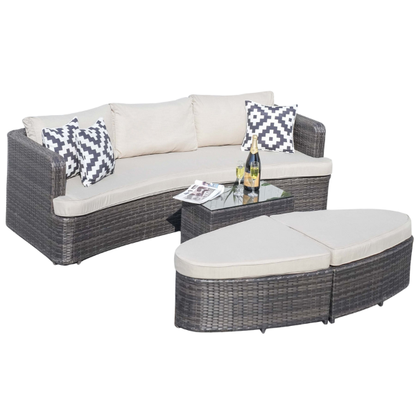Premium 4-Piece Wicker Daybed Set - Brown Outdoor Patio Furniture with Glass Table, 2 Ottomans & Ultra-Thick Cushions for Ultimate Comfort