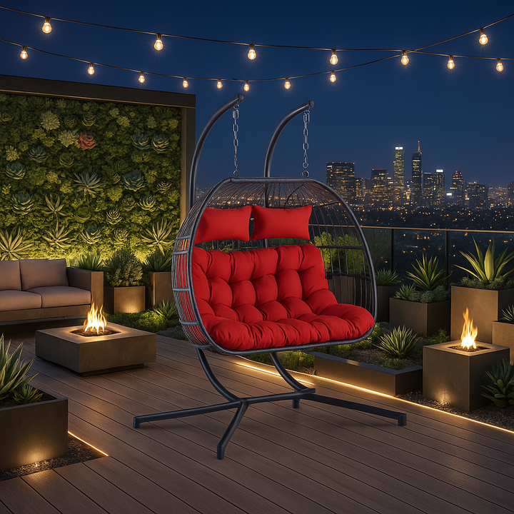 Outdoor Hanging Egg Chair Red - 2 Person Wicker Patio Swing with Stand, Comfort Cushions & All-Weather Durability