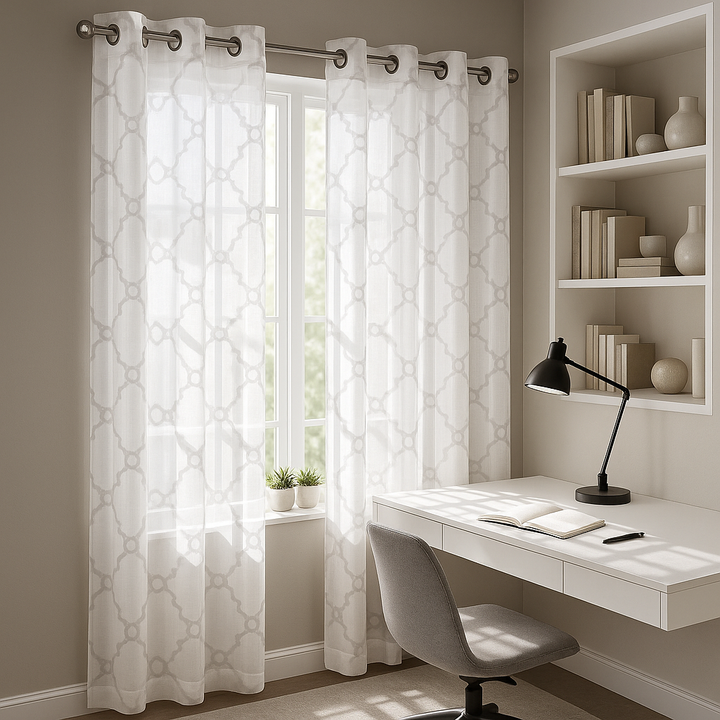 premium Fretwork Burnout Sheer Curtain Panel - 50" Wide Ivory Abstract Pattern Window Treatment with Silver Grommets (Single Panel)