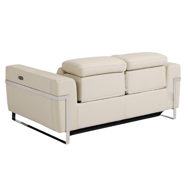 Beige Italian Leather Power Reclining Sofa and Loveseat Set - 5-Person Seating with Silver Metal Legs