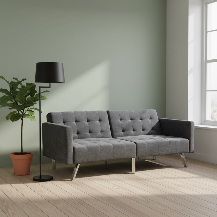 85" Beige Polyester Blend Convertible Futon Sleeper Sofa And Toss Pillows With Silver Legs