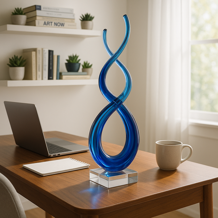 Premium 20" Clear and Blue Murano Glass Modern Abstract Tabletop Sculpture - Contemporary Artisan-Crafted Decorative Accent