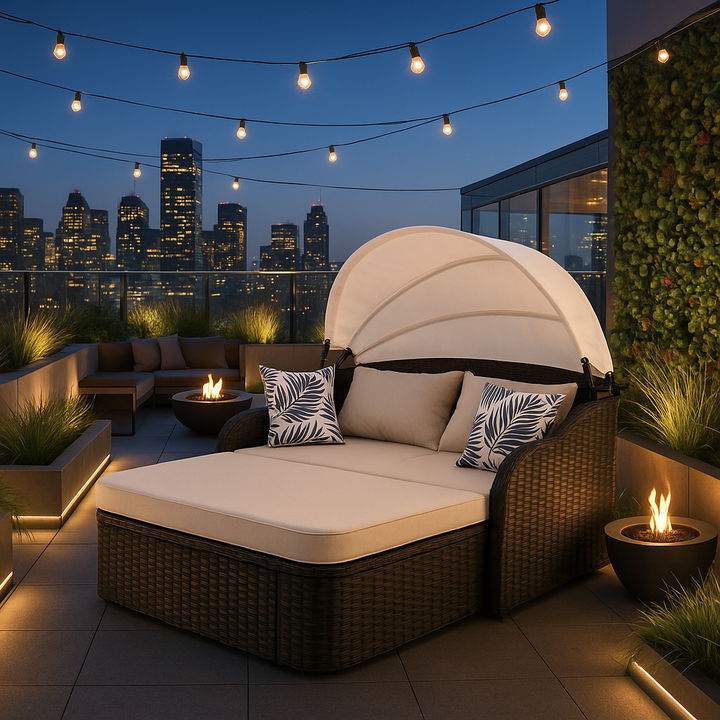 Luxe 48" Black Rattan Patio Daybed with Adjustable Canopy & Toss Pillows  