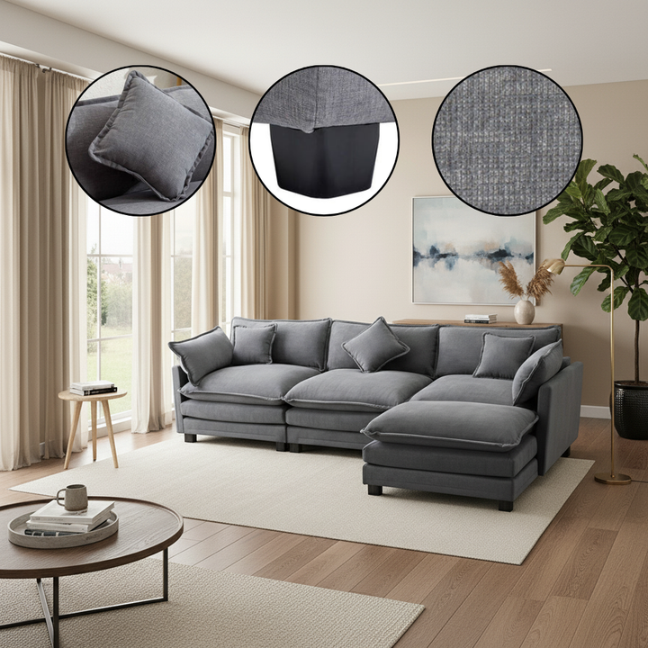 112.2″ L-Shape Chenille Upholstered Sofa with Ottoman & 5 Pillows | Trufairs