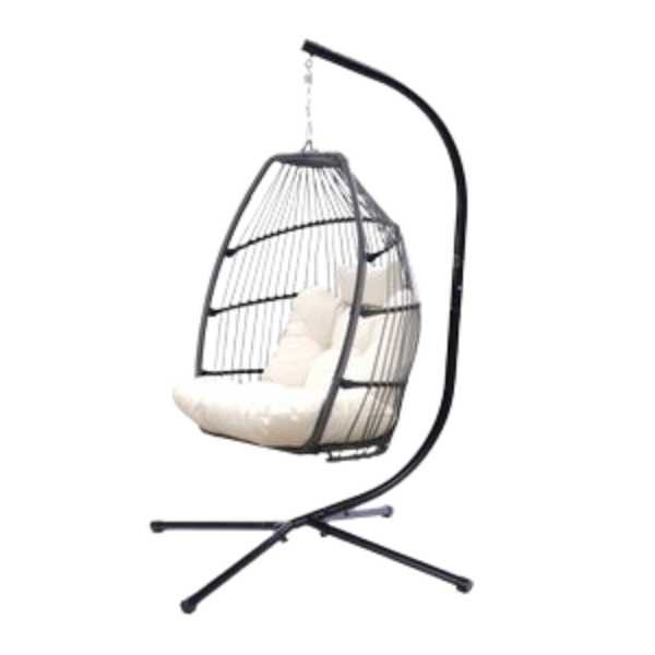 Outdoor Patio Wicker Folding Swing Hammock Egg Chair With Cushion And Pillow, Beige - 330lb Capacity Single Hanging Chair with Steel Stand for Indoor/Outdoor Relaxation