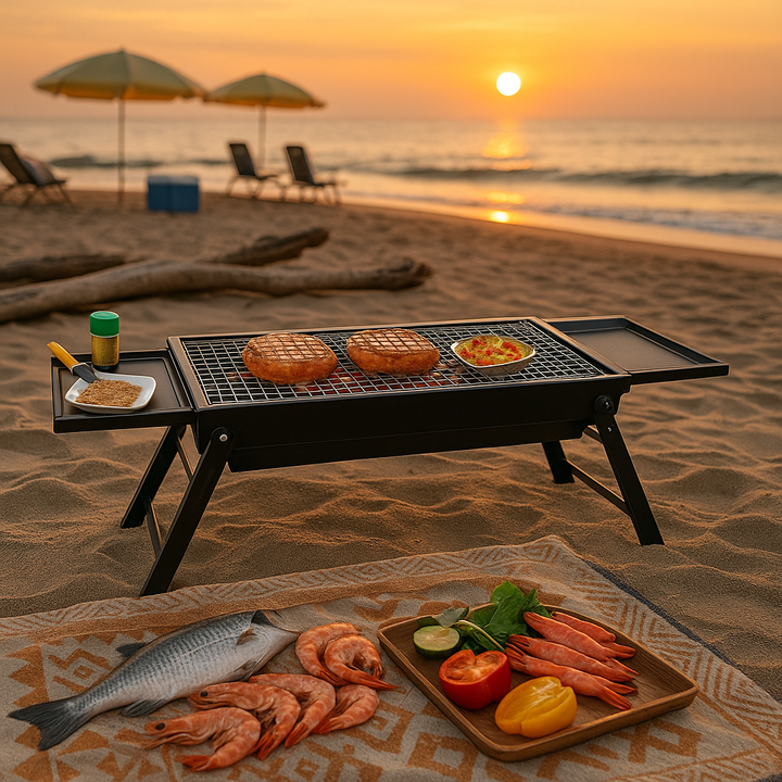 Premium Foldable Charcoal BBQ Grill with Integrated Side Shelf and Tool-Free Setup
