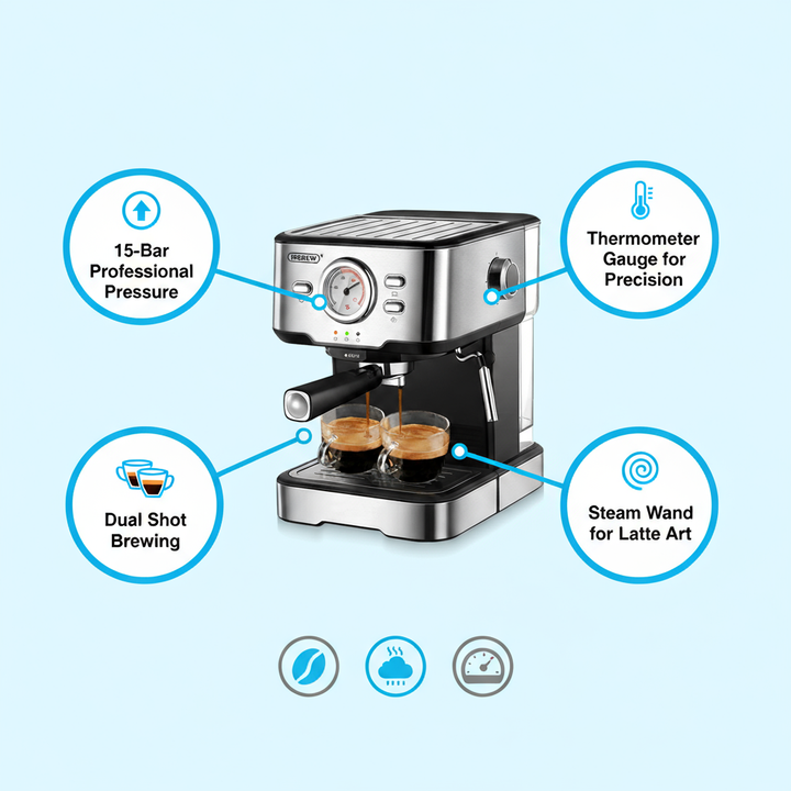 VEVOR Espresso Coffee Machine, 15Bar Semi-Automatic Espresso Maker with Milk Frother Steam Wand, Professional Cappuccino Latte Machine with High-Power Boiler & Removable Water Tank, NTC Control System