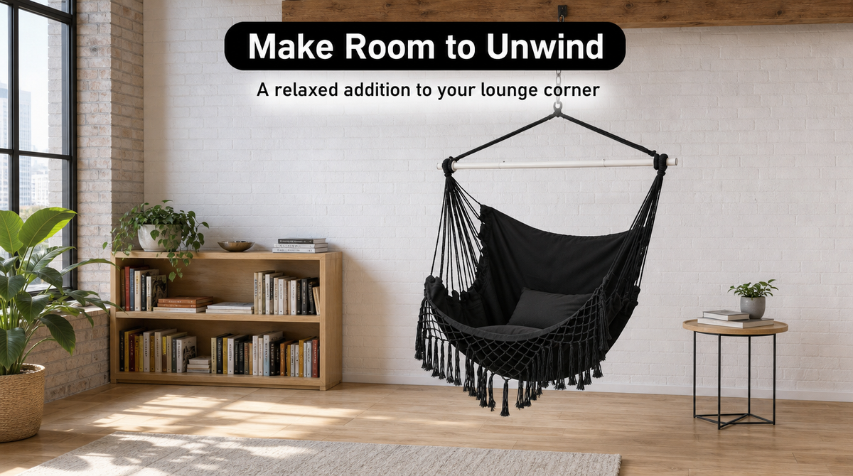 Boho Macrame Hammock Chair with Fringe, 2 Cushions & Side Pocket - fit and scale image 3