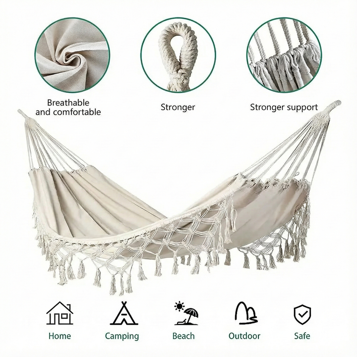 2-Person Boho Macramé Fringe Double Deluxe Hammock Swing | Trufairs
