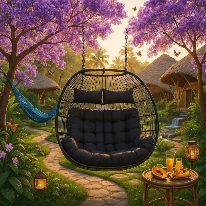 Premium Dark Gray Wicker Egg Chair - Double Hanging Patio Swing with Iron Frame, Cushion Set & Commercial Grade Weather Protection