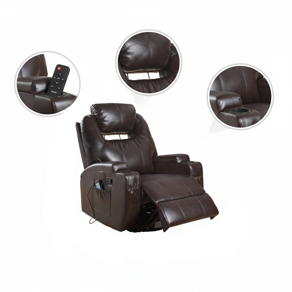 34" Brown Faux Leather Heated Massage Home Theater Recliner