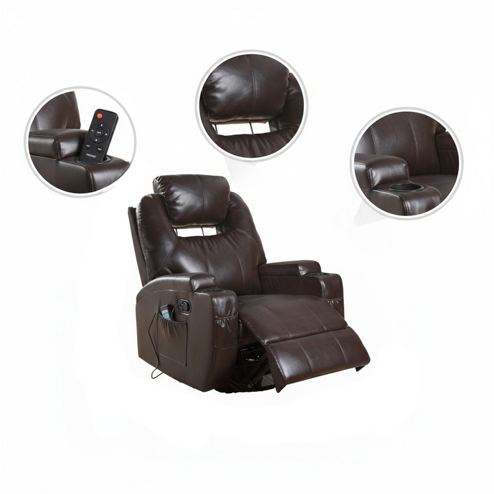 34" Brown Faux Leather Heated Massage Home Theater Recliner