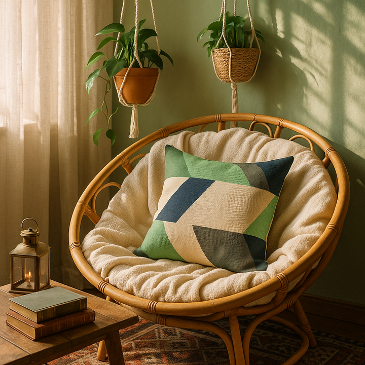 Premium 20" Beige Blue and Green Handmade Geometric Indoor Outdoor Throw Pillow Cover - Contemporary Weather-Resistant Cotton Design