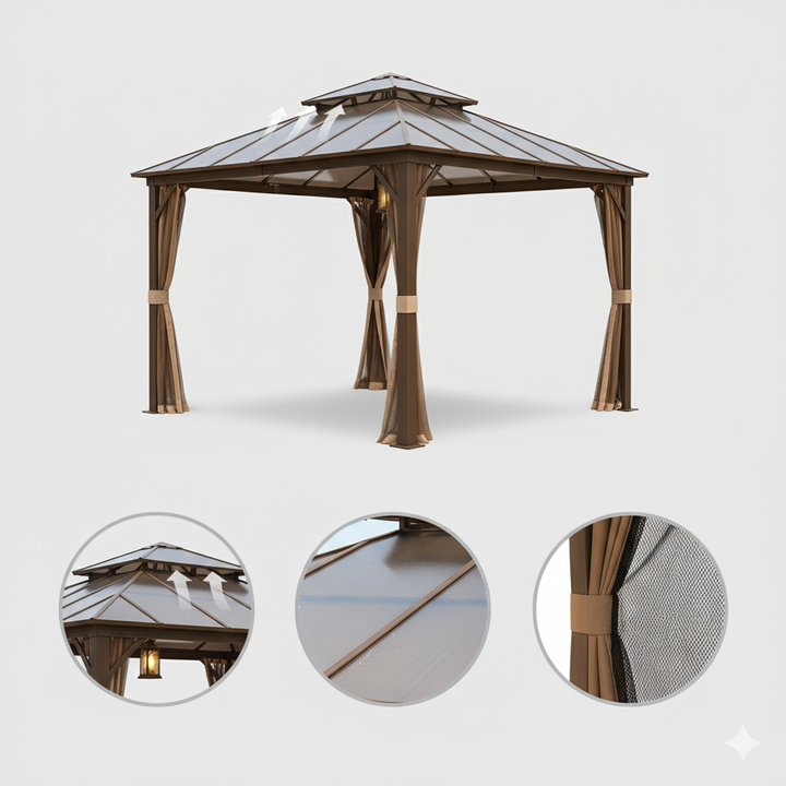 Exclusive 12' x 12' Hardtop Gazebo - Premium Permanent Outdoor Pavilion with Polycarbonate Double Roof