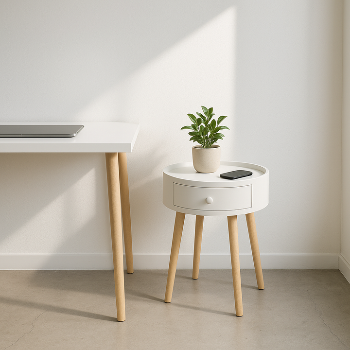 18"H Nightstand with Storage Drawer & Oak Legs Bedside Table, Sofa Side Coffee Table for Bedroom, Living Room, White