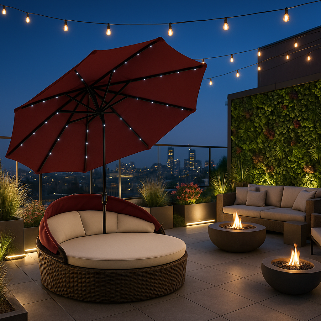 Premium 106" Red Solar-Powered Market Patio Umbrella with LED Lights and Concrete Base