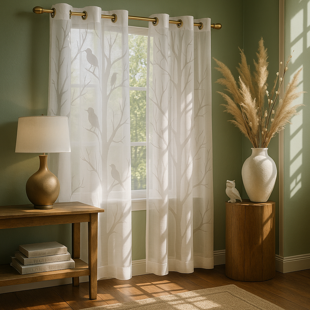Grommet Top Sheer Bird on Branches Burnout Window Curtain(Only 1 Pc Panel)