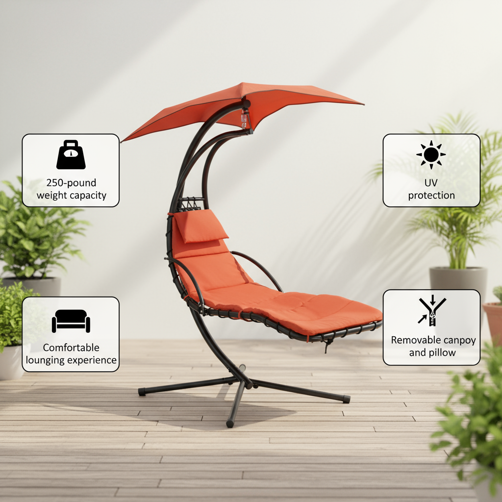 Outdoor Hanging Chaise Swing Orange - Lounger Chair with UV Canopy, Cushion & Stand for Garden Porch Comfort