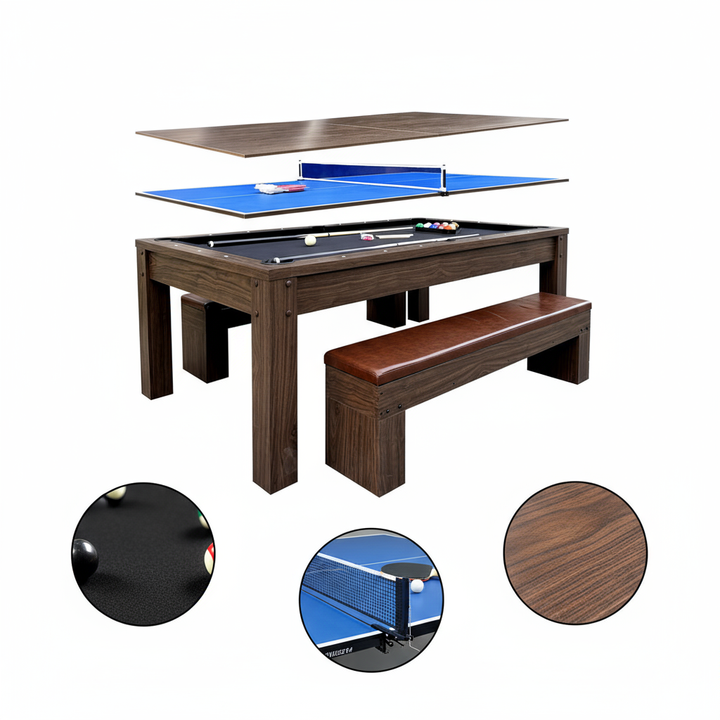 7ft 3-in-1 Multi-Functional Pool Table with Benches – Pool, Ping Pong & Dining Combo Table | Trufairs