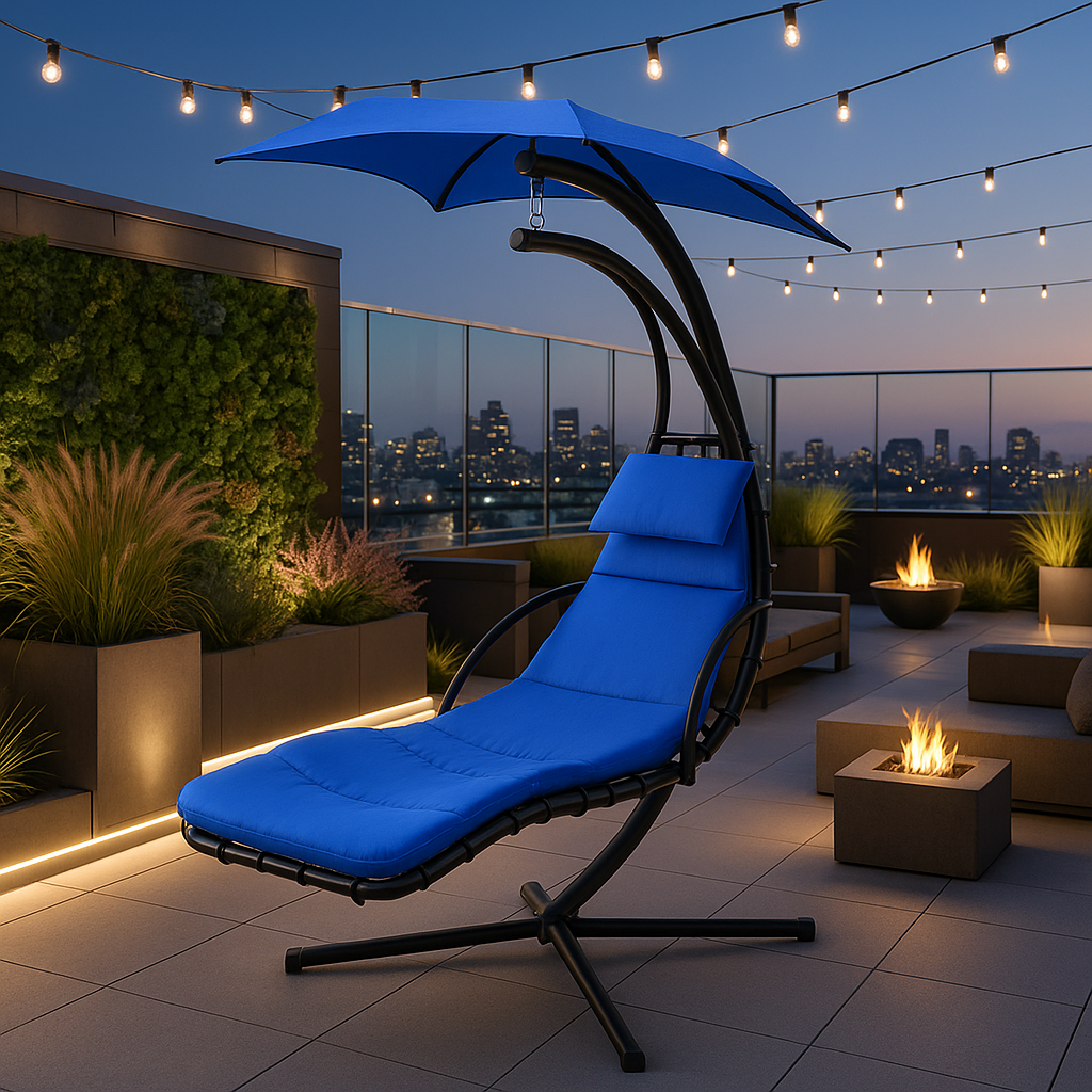 Navy Blue Outdoor Swing Chair - Hanging Chaise Lounger with Removable Shade Canopy & Comfort Pillow for Patio