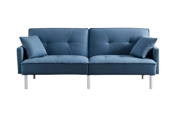 85" Blue Polyester Blend Convertible Futon Sleeper Sofa And Toss Pillows With Silver Legs