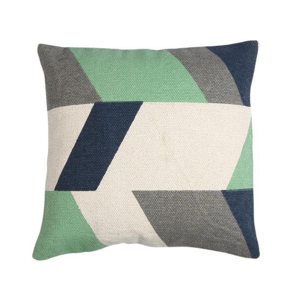 Premium 20" Beige Blue and Green Handmade Geometric Indoor Outdoor Throw Pillow Cover - Contemporary Weather-Resistant Cotton Design